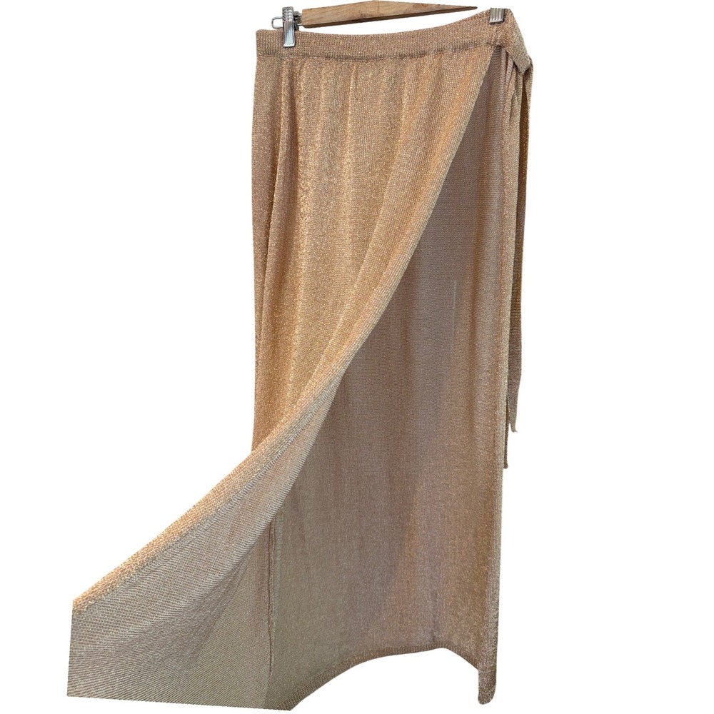 Lovers and Friends Metallic Knit Maxi Skirt Rose Gold Lurex Wrap Slit Size L - Picture 3 of 4